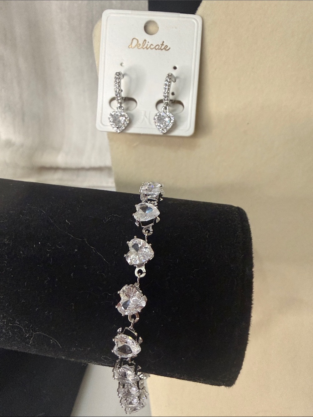 Delicate White Gold Filled Cubic Zirconia Bracelet and Heart Drop Earrings Set
